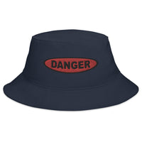 Navy bucket hat with Red Danger Sign embroidered artwork, front view