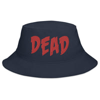 Navy bucket hat with Red DEAD Emotional Depression embroidered artwork, front view
