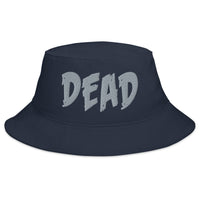 Navy bucket hat with Grey DEAD Emotional Depression embroidered artwork, front view