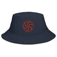 Navy bucket hat with Red Deadly Swirl Spike Symbol embroidered artwork, front view