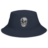 Navy bucket hat with Death Skull Horror Style embroidered artwork, front view
