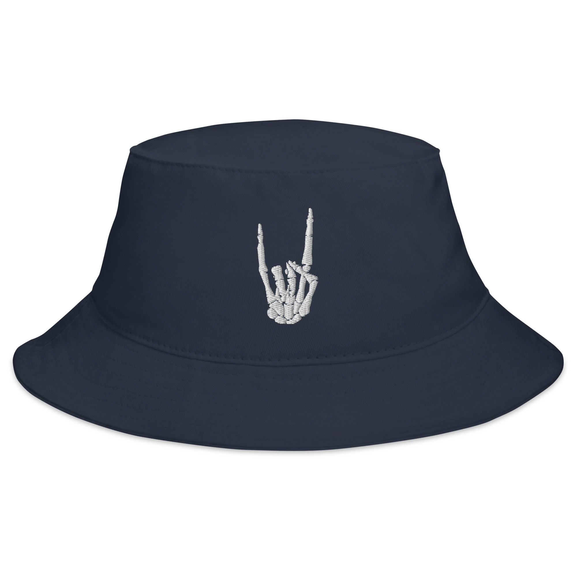 Devil Horns Bone Hand Embroidered Bucket Hat Heavy Metal Sign Horns Up