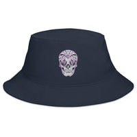 Navy bucket hat with Dia De Los Muertos Day of the Dead Sugar Skull embroidered artwork, front view