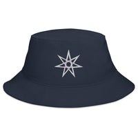 Navy bucket hat with White Elven Star embroidered artwork, front view
