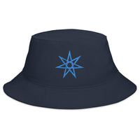 Navy bucket hat with Blue Elven Star embroidered artwork, front view