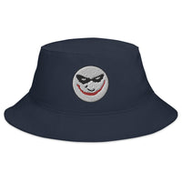 Navy bucket hat with Evil Grin Joker embroidered artwork, front view