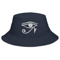 Navy bucket hat with White Eye of Ra Egyptian Goddess embroidered artwork, front view