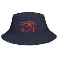 Navy bucket hat with Red Eye of Ra Egyptian Goddess embroidered artwork, front view