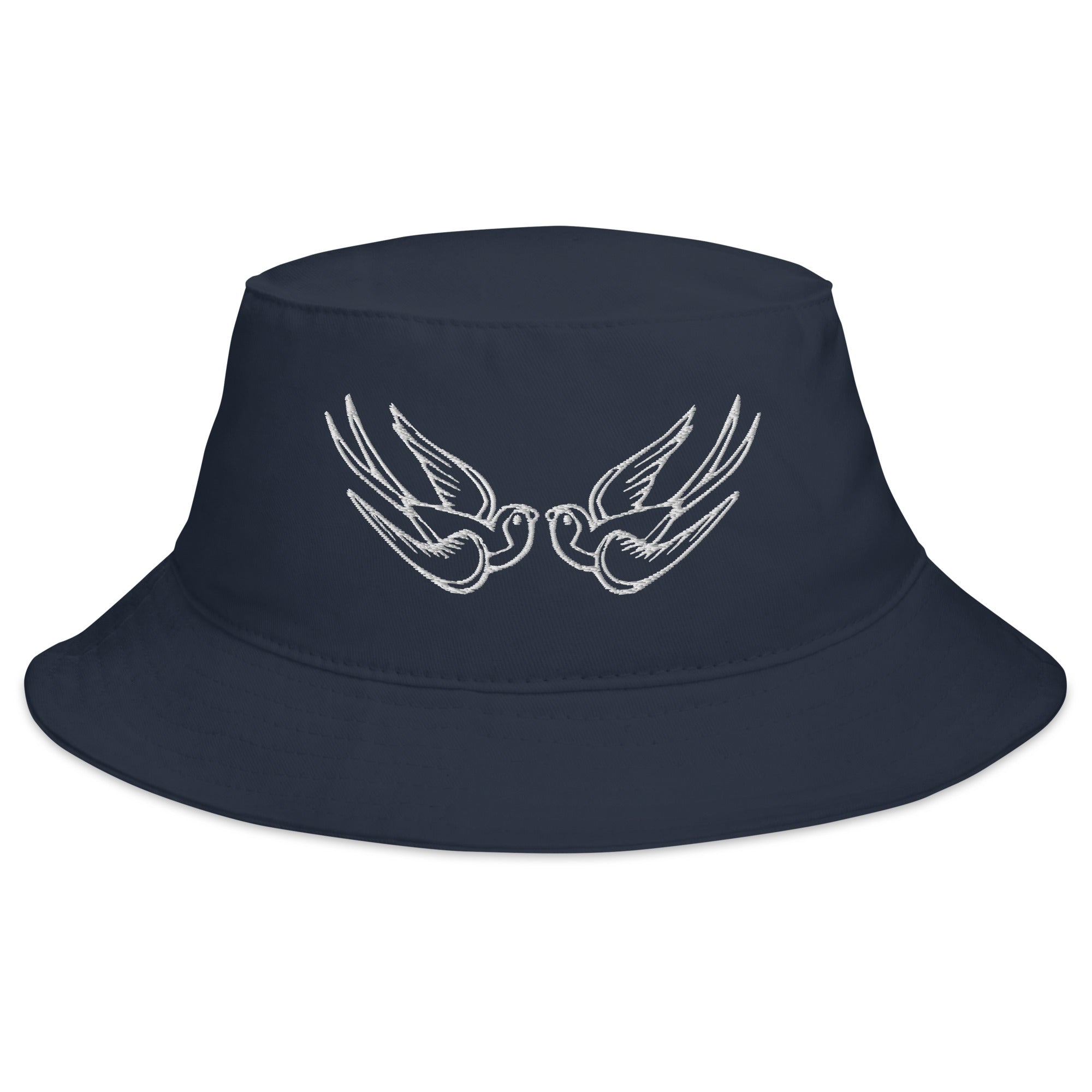 White Falling Sparrows Tattoo Style Bird Embroidered Bucket Hat