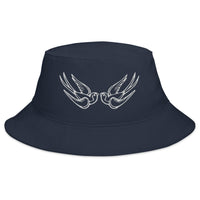 Navy bucket hat with White Falling Sparrows Tattoo Style Bird embroidered artwork, front view