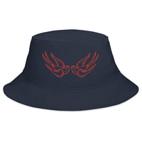 Navy bucket hat with Red Falling Sparrows Tattoo Style Bird embroidered artwork, front view
