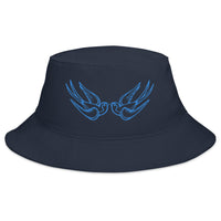Navy bucket hat with Blue Falling Sparrows Tattoo Style Bird embroidered artwork, front view