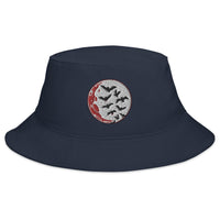 Navy bucket hat with Flying Bats over a Blood Moon embroidered artwork, front view