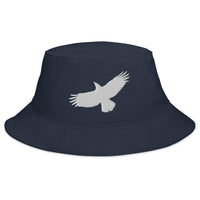 Navy bucket hat with Flying Raven Black Bird embroidered artwork, front view