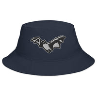 Navy bucket hat with Flying Vampire Bat Goth Halloween Style embroidered artwork, front view