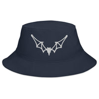 Navy bucket hat with Flying Vampire Frame Bat embroidered artwork, front view