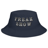 Navy bucket hat with Freak Show embroidered artwork, front view
