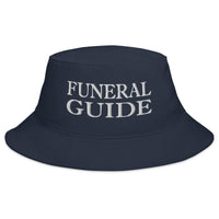 Navy bucket hat with Funeral Guide embroidered artwork, front view