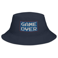 Navy bucket hat with Game Over 8 Bit embroidered artwork, front view