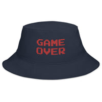 Navy bucket hat with Red Game Over 8 Bit embroidered artwork, front view