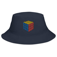 Navy bucket hat with Gaming Speed Cube Puzzle Box embroidered artwork, front view