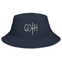 Navy bucket hat with Goth Dark and Morbid Style Halloween Celebration embroidered artwork, front view