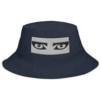 Navy bucket hat with Goth Eyes Siouxsie and the Banshees embroidered artwork, front view