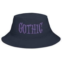 Navy bucket hat with Purple Gothic Dramatic Style embroidered artwork, front view