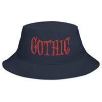 Navy bucket hat with Red Gothic Dramatic Style embroidered artwork, front view