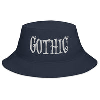 Navy bucket hat with White Gothic Dramatic Style embroidered artwork, front view