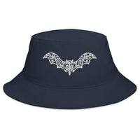 Navy bucket hat with Gothic Vine Wrought Iron Bat embroidered artwork, front view