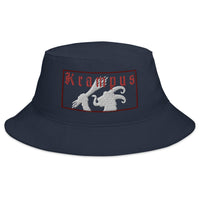 Navy bucket hat with Gruss Vom Krampus embroidered artwork, front view