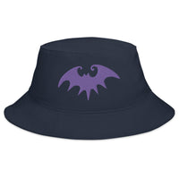 Navy bucket hat with Purple Halloween Gothic Vampire Bat embroidered artwork, front view