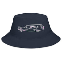 Navy bucket hat with Hearse Funeral Car embroidered artwork, front view