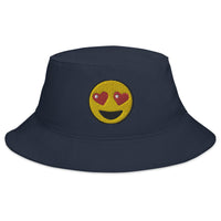 Navy bucket hat with Heart-Eyes Emoji embroidered artwork, front view