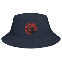 Navy bucket hat with Horned Krampus embroidered artwork, front view