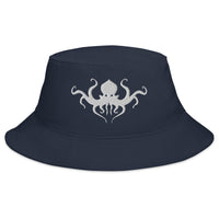 Navy bucket hat with Horror Beast Cthulhu embroidered artwork, front view