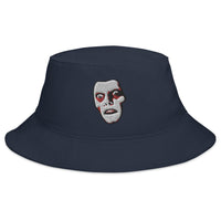 Navy bucket hat with Horror Monster Pazuzu "Captain Howdy" embroidered artwork, front view