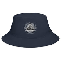 Navy bucket hat with Illuminati All Seeing Psychic Eye embroidered artwork, front view