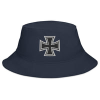 Navy bucket hat with Iron Cross Occult Symbol World War II Style embroidered artwork, front view