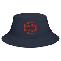Navy bucket hat with Red Iron Cross Occult Symbol World War II Style embroidered artwork, front view