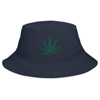 Navy bucket hat with Legalize Marijuana Cannabis Pot Leaf embroidered artwork, front view