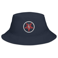 Navy bucket hat with Lightning Bolt Inverted Pentagram Occult Symbol embroidered artwork, front view