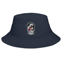 Navy bucket hat with Lightning Bolt Skull David Bowie embroidered artwork, front view