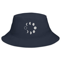 Navy bucket hat with Lunar Moon Phases embroidered artwork, front view