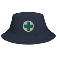 Navy bucket hat with Medical Marijuana Symbol embroidered artwork, front view