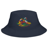 Navy bucket hat with Melting Speed Cube Gaming Puzzle Box embroidered artwork, front view
