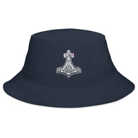 Navy bucket hat with Mighty Thor's Hammer Mjolnir embroidered artwork, front view