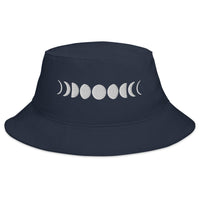 Navy bucket hat with Moon Phases Lunar Cycle to Full Moon embroidered artwork, front view