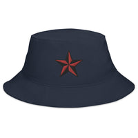 Navy bucket hat with Red Nautical Star North Star embroidered artwork, front view